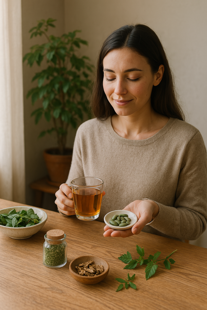 Woman holding herbal tea and green supplements.