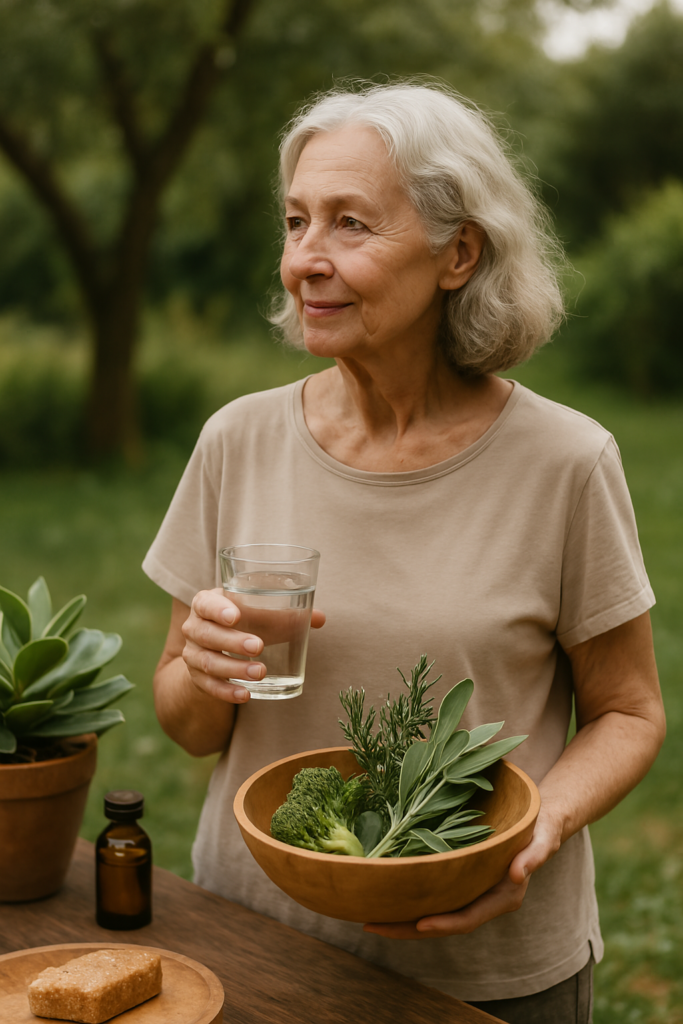 Woman holding herbs and water in garden
