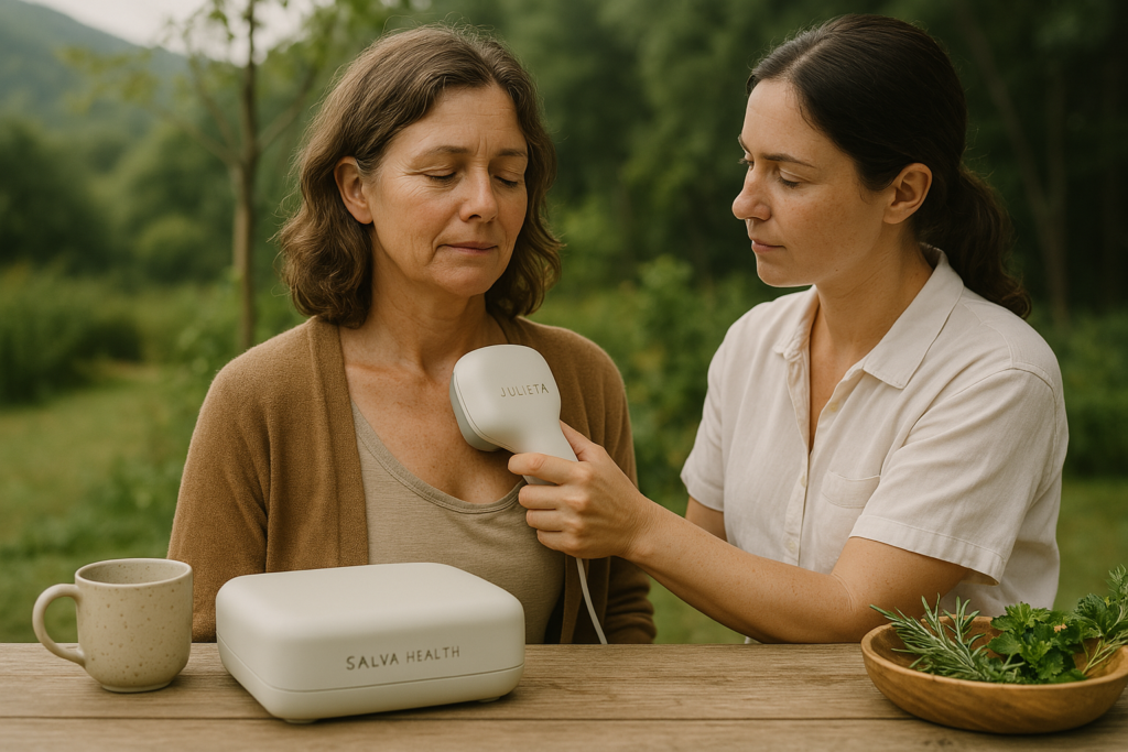 Woman checking heart with health device outdoors.