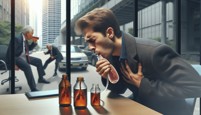 image-2 Man coughing with lung-themed bottles on table.