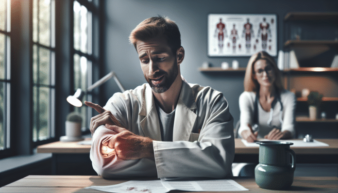 image-1 Doctor examining patient's elbow in clinic.