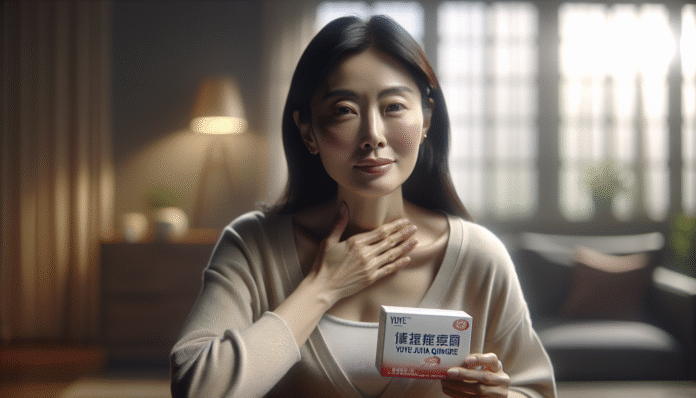 image Woman holding throat relief product, smiling indoors.