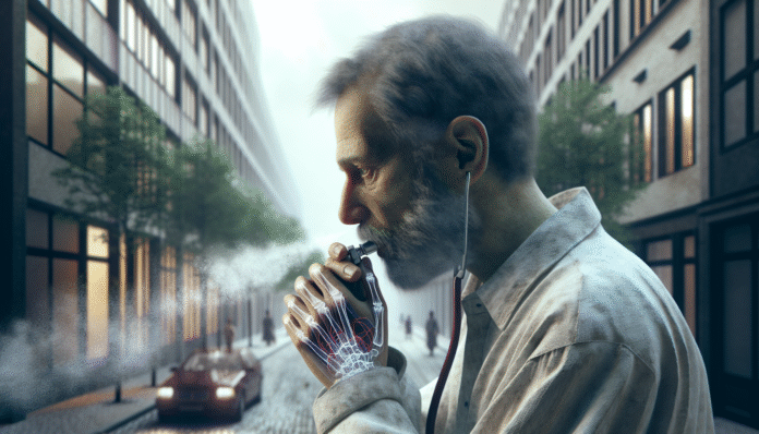 image-8 Man using inhaler with city background.