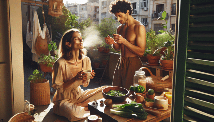 img-1QEmhDY3G7HA7vgEACVrYMsv Couple enjoying breakfast on sunlit balcony garden.