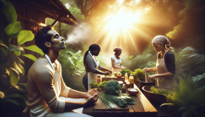 img-3vk82zSm4vjQyW0xfTbSaZSB People preparing food outdoors in sunlight.