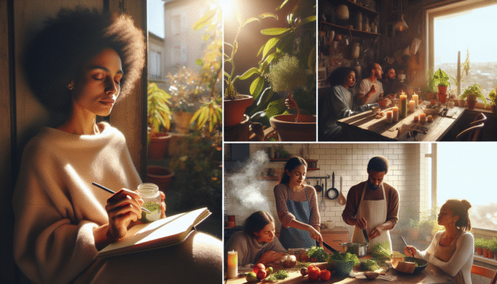 img-40AhQoUF7rjQz0sCH8WurveJ People enjoying nature, cooking, and relaxing indoors.