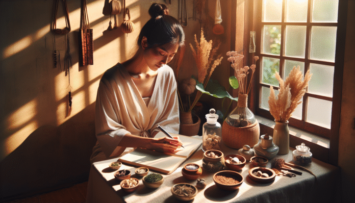 img-9NLZyZw9EV3nFhs8AG3XeUjj Woman writing at herb-filled table in sunlight.