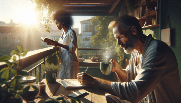 img-P34f1C9GfMS6Z1MCC68BqLwM People relaxing with coffee and books on balcony.