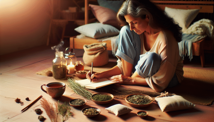 img-XLivJ9pipokI28VV4z6uCnug Woman writing with herbs and candles nearby.