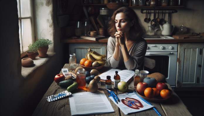 img-ib0Yfu7LFDU4zCr4TO6CAo2E Woman contemplating health and nutrition choices in kitchen.