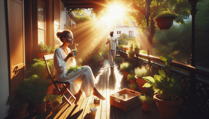 img-uFficSkZRmizKUQAQjNLG7tq Couple enjoying coffee on sunny morning balcony.